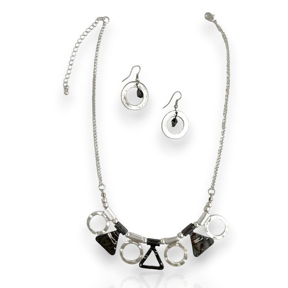 Necklace and Ear Set, 17" - 20", Silver Tone, Black Hematite Tone, Geometrics - Picture 8 of 9